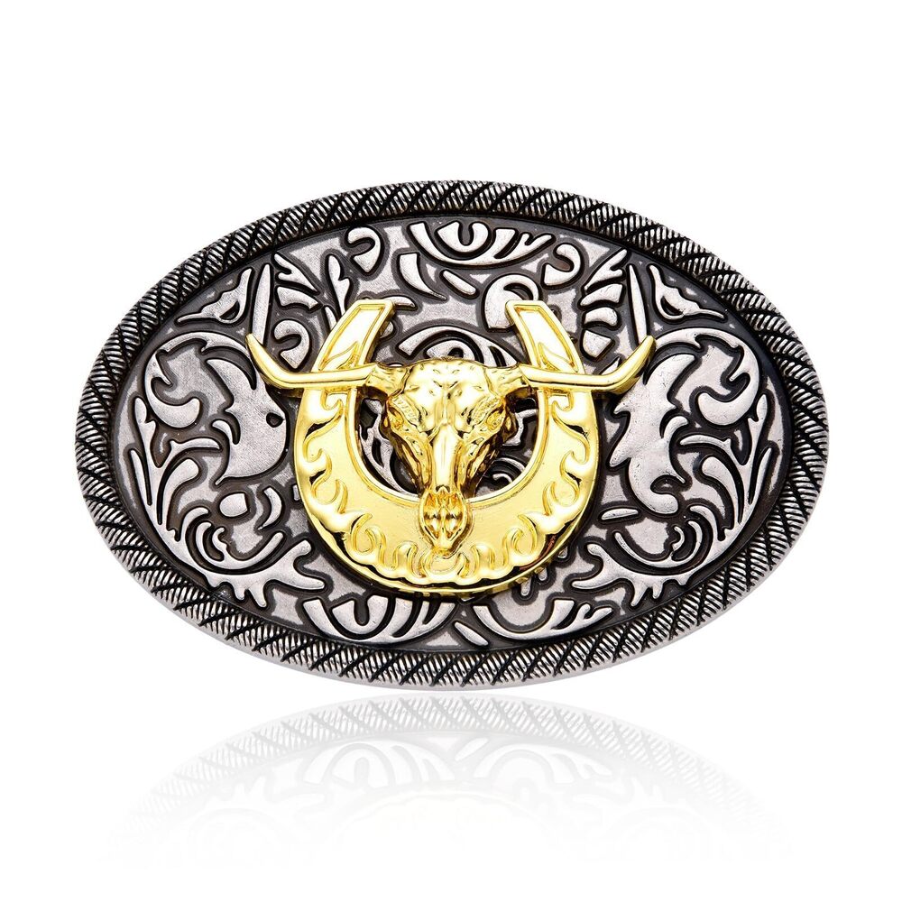 8015 Engraved Animal Equestrian Horseshoe Long Horn Bull Oval Cowboy Belt